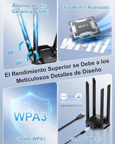 COMFAST BE6500Mbps USB WiFi Adapter for PC, USB3.0 PC WiFi Antenna, 7 Long Range Wi-Fi Receiver, 6G/5G/2.4G Tri-Band, 4*5dBi Antennas, WPA3, MU-MIMO, OFDMA, Integrated Controller, Windows 10/11