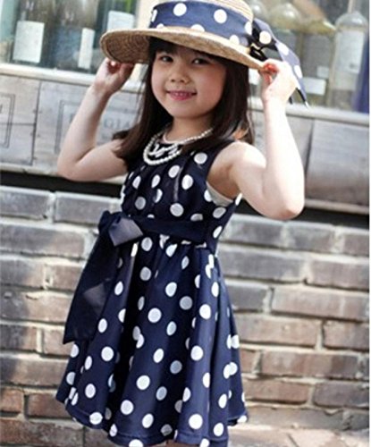 Shybuy Toddlers Polka Dot Skirt Sleeveless Flowers Girl Vintage Bow Dress (Blue, 5-6Y) - Thumbnail 2