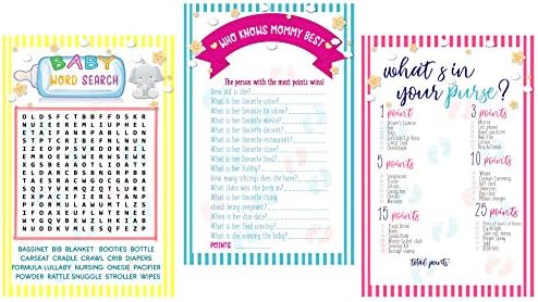 3 Baby Shower Games: BABY WORD SEARCH (50 sheets), WHO KNOWS MOMMY BEST (50 sheets, WHAT'S IN YOUR PURSE? (50 sheets)