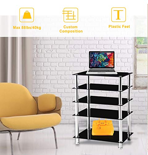 Media Stand,Audio/Video/AV Component Rack Tower Cabinet,Game Console Shelving Record Player Shelves Table with Glass Storage Shelf for Entertainment Center TV/XBOX/PS4/Stereo Home Theater (5 Tier)