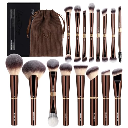 MAANGE 16 Pcs Professional Makeup Brushes, Double Sided Foundation Powder Contour Blush Set Complete Set with Pouch and Gift Box (Coffee Brown)