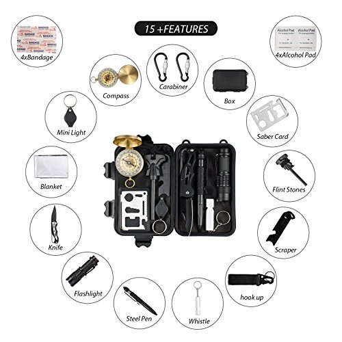 Oriketech Emergency Survival Kit 15 in 1 Mini Survival Gear Kit Outdoor Survival Tool with Thermal Blanket Carabiner Fire Starter More for Adventure Outdoors Sports Traveling Hiking