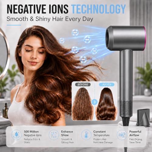 AIUNAOM Professional Hair Dryer 160,000 RPM, 500M Negative Ions, Magnetic Accessories, 3 Speed Settings and 4 Temperature Settings, for Animals, Salon and Home, Pink