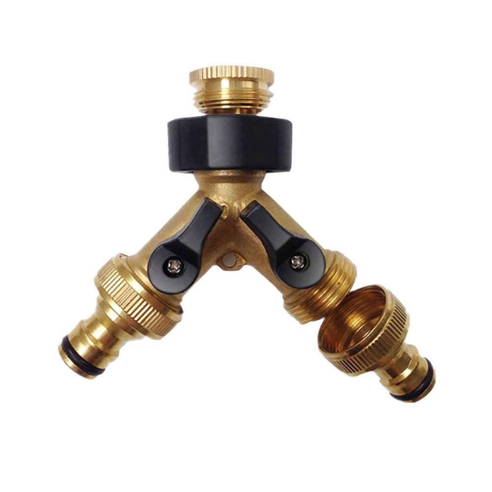 NUZAMAS 2-Way Solid Brass Hose Splitter with Shut OFF/ON Valves, 3/4" Tap & Outlets, Use Up To 2 Hoses At Once, with 2 Quick Connectors Adaptors