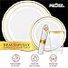 350 Piece Gold Dinnerware Party Set - 50 Guest - Disposable Gold Dinnerware Set - 100 Gold Rim Plastic Plates - 50 Pre-Rolled Linen Feel Napkins with Spoons, Forks, Knives - 50 Gold 10 OZ Plastic Cups