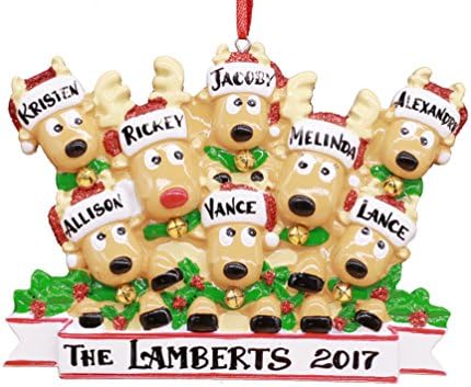 2020 Reindeer Family Hand Personalized Christmas Ornament - Family of 8 (with 6 Children or Grandparents with 6 Grandchildren)