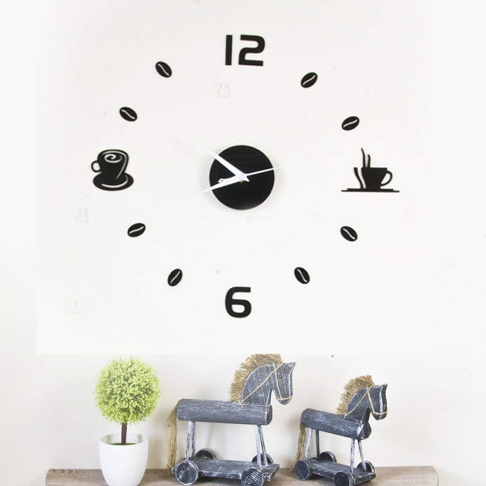 Acrylic Coffee Wall Clock Art Decals Home Decoration Living Bedroom Office Décor DIY, Black