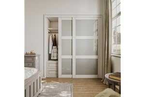 CRUTOP 72" x 80'' Sliding Closet Door, Fingerprint-Resistant 3-Lite Tempered Frosted Glass with Good Privacy & Water-Resistant Frame (Easily Assembled Double 37'' Panels & Quick Installation)