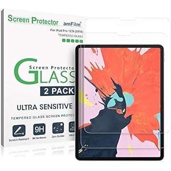amFilm Glass Screen Protector for iPad Pro 12.9 inch (2 Pack) (2018 Model, 3rd Generation Only), Tempered Glass, Ultra Sensitive, Face ID and Apple Pencil Compatible (2 Pack)