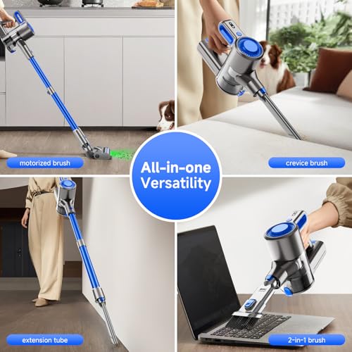 Honki Cordless Vacuum Cleaner for Home, Powerful Stick Vacuum with Rechargeable Battery, Green Light Anti-Tangle Brush, 6-in-1 Lightweight Handheld Vacuum for Pet Hair, Hard Floor, Carpet, Blue