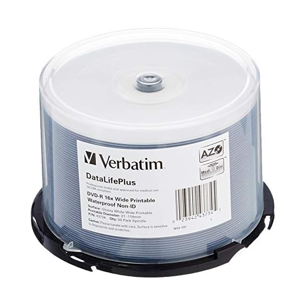 Verbatim DVD-R 16x Wide Printable Waterproof 4.7GB, DataLifePlus, 50er Pack Spindel, DVD Rohlinge bedruckbar, 16-fache Brenngeschwindigkeit wasserfest, DVD-R printable, DVD leer