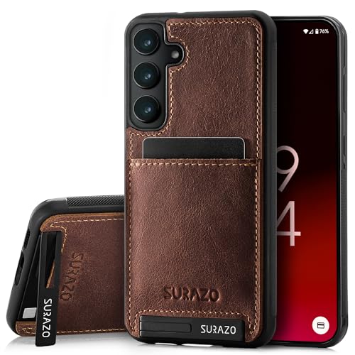 SURAZO Premium Echtleder Back case für Samsung Galaxy A15 Hülle – Stoßfestes Leder Handyhülle Cover [Kartenfach, Standfunktion, Schlüsselanhänger] Vintage Slim Bumper Schutzhülle (Nussbraun)