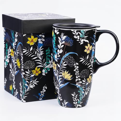 DUSVALLY 17 oz Black Wildflower Ceramic Mug