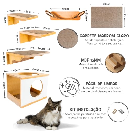 Playground Para Gatos 9Pçs Premium Resistente Já Montado Com Kit Fixação e Rede (PRETO) (Branco)