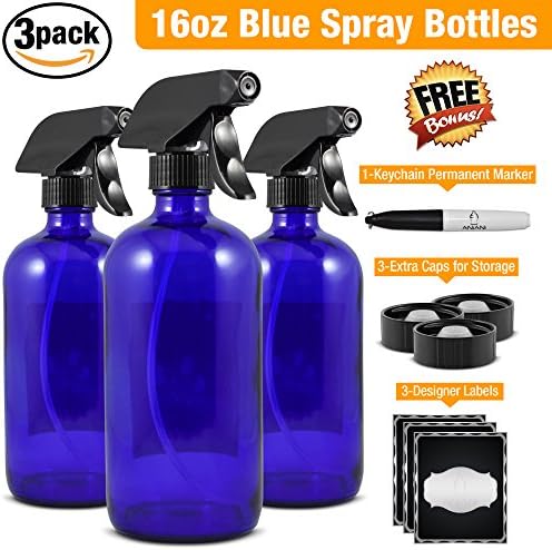 Empty Blue Glass Spray Bottle-Large 16 oz Refillable Container for Essential Oils, Cleaning Products, or Aromatherapy-Black Trigger Sprayer w/ Mist and Stream Settings-3 PackBonus Free Extras