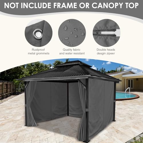 Gazebo Curtains 10'x12' Waterproof, Universal Replacement Privacy Curtain, 4-Panels Sidewall Curtains with Zipper for Patio, Garden and Backyard (Only Curtain) (Grey-1, 120W x 144L inch (4 Panels))