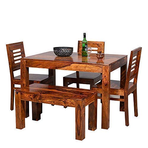 Honey Finish Dining Table Set with 3 Chairs & 1 Bench Wooden Solid Sheesham Wood Dining Table 4 Seater