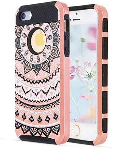 iPhone 5/5S Case iPhone SE Case YCAun Slim Fit Hybrid Dual Layer Scratch Resistant Hard PC Shell Inner Shock-Absorption Soft TPU Bumper Armor Defender Protective Cover Mandala Floral[Rose Gold/Black]