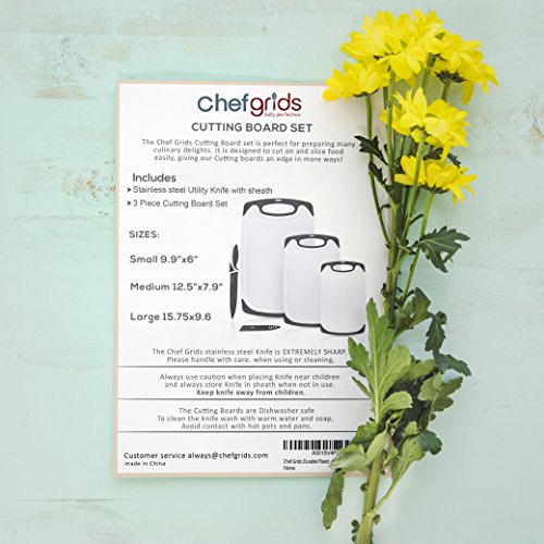 Chef Grids Durable Plastic Cutting Board Set 3 Piece Chopping Board Thick Plastic for Vegetable Meat or Cheese with Non-Slip Feet and Handles with Juice Groove | Dishwasher Safe | Plus Knife (Grey) - Thumbnail 6