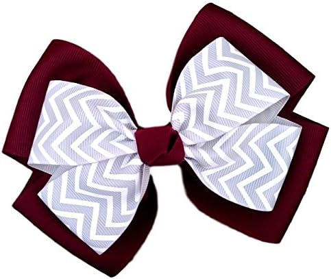 Victory Bows Chevron Double Quad Grosgrain Hair Bow- The Siena Marie Maroon and Silver- Made in the USA Pony Tail Band