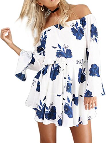 HIKARE Women's Off Shoulder Strapless Floral Print Trumpet Sleeve Summer Casual Vacation Boho Mini Dress