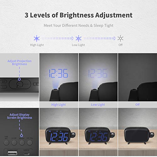 ELEHOT Projection Alarm Clock Digital Alarm LED Display Portable for Charging Large Digital Light with FM Radio Alarm & Snooze
