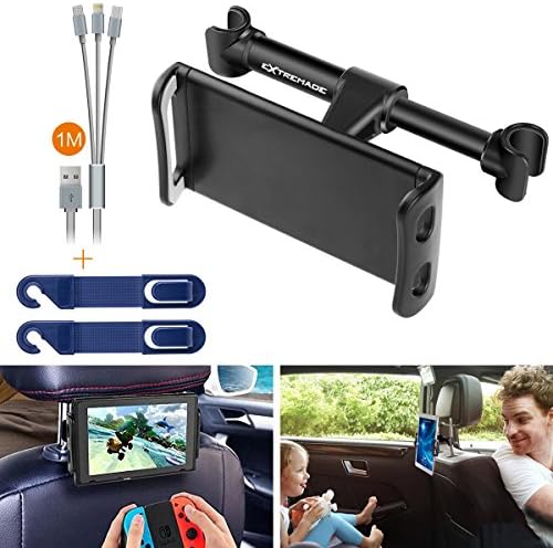 Smartphone iPhone iPad Tablet Car Headrest Mount Holder Cradle Rear Back Seat Mount w/3in1 Cable + Headrest Hanger for iPad Samsung Galaxy Tabs Nintendo Switch Cell phone Car Mount