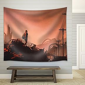 Woman Hiker Looking at Abandoned City,Illustration Painting - Fabric Wall Tapestry Home Decor - 51x60 inches
