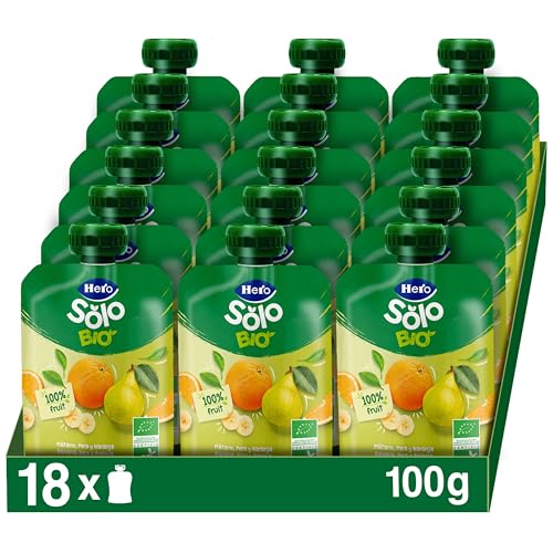 Hero Solo - Gourde Bio De Banane, Poire et Orange – Puree de Fruits BIO 100% Naturels, Compote Sans Sucre Ajouté, Sans Gluten - pour Bébés Dès 4 Mois - Lot de 18 X 100 g