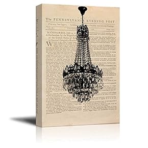 Canvas Wll Art - Black Crystal Chandelier on Vintage Newspaper Background - Giclee Print and Stretched Ready to Hang - 12"x18"