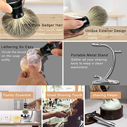 ACRIMAX Shaving Kit for Gentleman Wet Shave, Durable Stainless Steel Stand, Shaving Soap Cream, Black 100% Pure Badger Shaving Brush Best Gift Set for Man