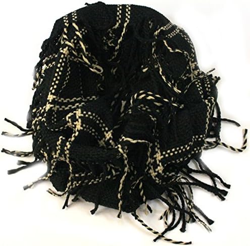 Apparelism Women's Winter Plaid Knitted Infinity Loop Scarf with PomPom Fringe (C.Black)