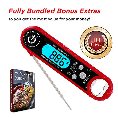 Kizen IP100 Instant Read Meat Thermometer - Waterproof Ambidextrous Thermometer with Backlight & Calibration. Digital Food Thermometer for Kitchen, Outdoor Cooking, BBQ, and Grill! (Red) - Thumbnail 7