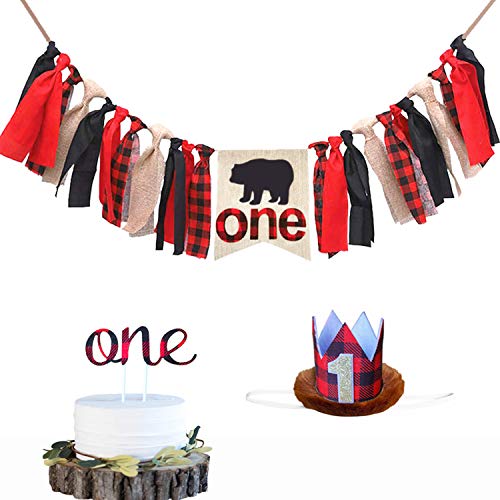 Lumberjack Kids First Birthday Decorations Kit, Lumberjack Highchair Banner, Lumberjack Crown With One Cake Topper For Baby Girl Boy 1st Birthday Party Supplies