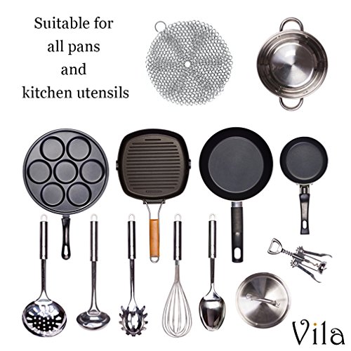 Cast Iron Cleaner - Lightweight, Flexible and Rust Proof Chainmail Scrubber - Cleans Cookware like New with No Scratches or Residue - 7” Round Stainless Steel Brush Cloth for Pots, Pans and Bakeware