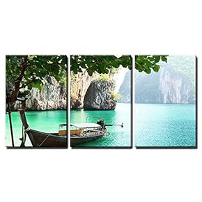 3 Piece Canvas Wall Art - Long Boat on Island in Thailand - Modern Home Art Stretched and Framed Ready to Hang - 16"x24"x3 Panels
