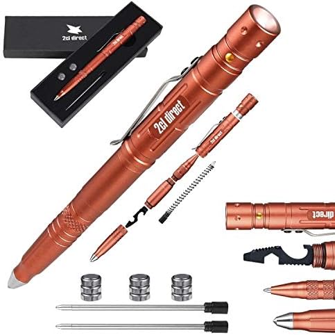 Practical Pen Self Defence Tool for Survival - LED Flashlight, Glass Breaker, Bottle Opener, Ballpoint Pen 2 Ink Cartridges, 3 Batteries, Gift Boxed