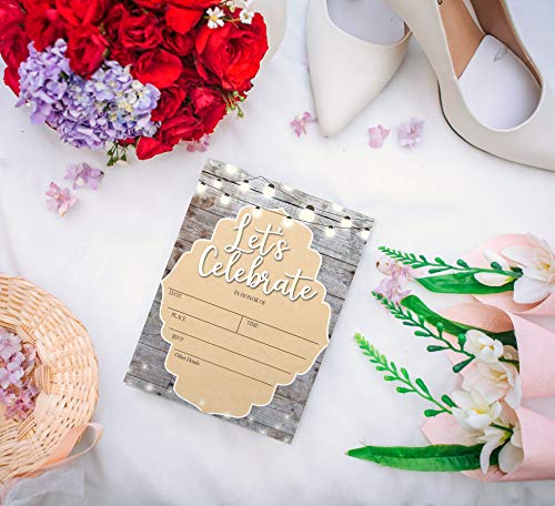 Let's Celebrate - Rustic Fill-in Party Invitations with Envelopes - 25 Invites & Envelopes - Wedding, Baby Shower, Rehearsal Dinner, Birthday Party (Lets Celebrate)