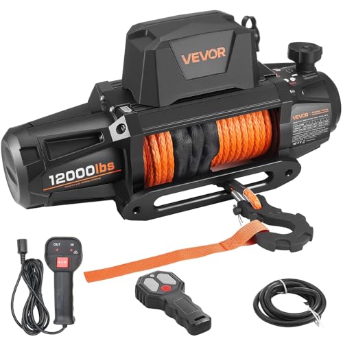 VEVOR Cabrestante Electrico de 12 V CC, 5400 kg, con Cuerda Sintetica 9,5 mm x 28 m, Control Remoto Inalambrico, Resistente al Agua IP68, para Jeep, Remolques, Barcos y Vehículos Todoterreno