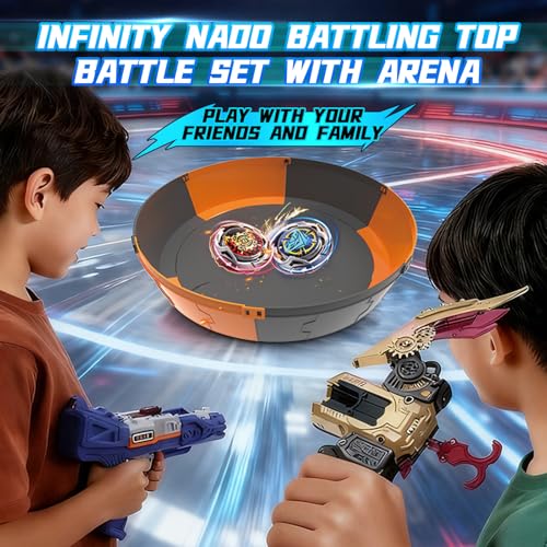 INFINITY NADO S7 Spinning Tops 2PCS with Modular Sand, 2 Launcher Gun/Bow Infinite Acceleration, Metal Top Type Defense/Resistance Rotation Right/Left, Toy for Boys and Girls 5-12 Years Old