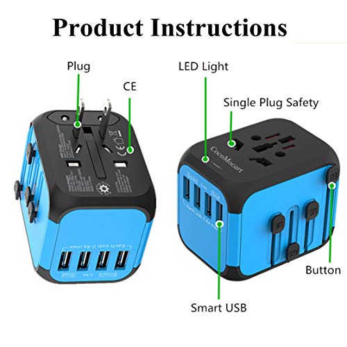 Cococart Universal Travel Adapter, All-in-one Worldwide Travel Charger Travel Socket, International Power Wall Charger AC Plug Adaptor with 4 USB Ports Multi-Nation Travel Accessories
