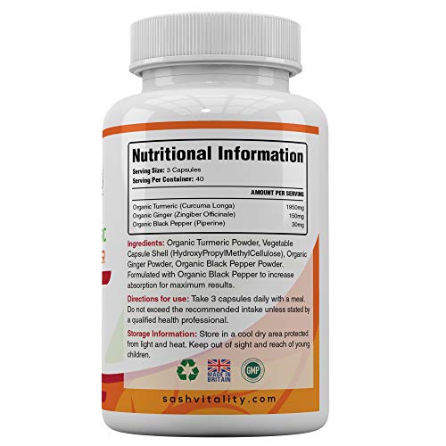 Sash Vitality Organic Turmeric Curcumin 2130mg High Strength Serving with Black Pepper & Ginger 