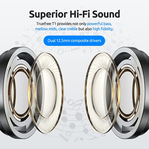 Truefree T1 True Wireless Earbuds Bluetooth 5.0 Headphones in-Ear, 4 Mics, 12.5mm Dual Driver, 60ms Low-Latency Game Mode, Deep Bass, Touch Control, 30H Playtime, 3 Size Earbuds, Stereo Earphones