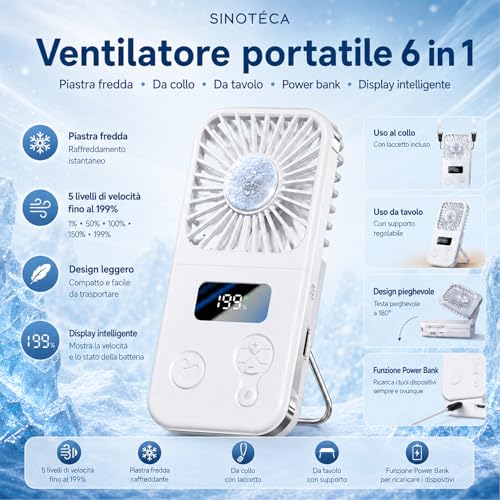 SINOTE'CA Portable Cooling Fan Foldable USB Rechargeable 5 Speed Levels Neck Table Fan with Power Bank Function