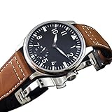 Parnis Black Dial Special @6 Deployment Hand Winding Mechanical Watch 6498 Movement Brown Leather Strap