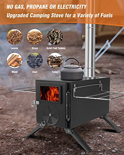 Wood Stove for Hot Tents, Rikuy Upgraded Titanium Surface Camping Stove with Chimney Pipes for Tents, Shelter, Outdoor Portable Burning Stove for Heating and Cooking, Include Spark Arrestor and Gloves