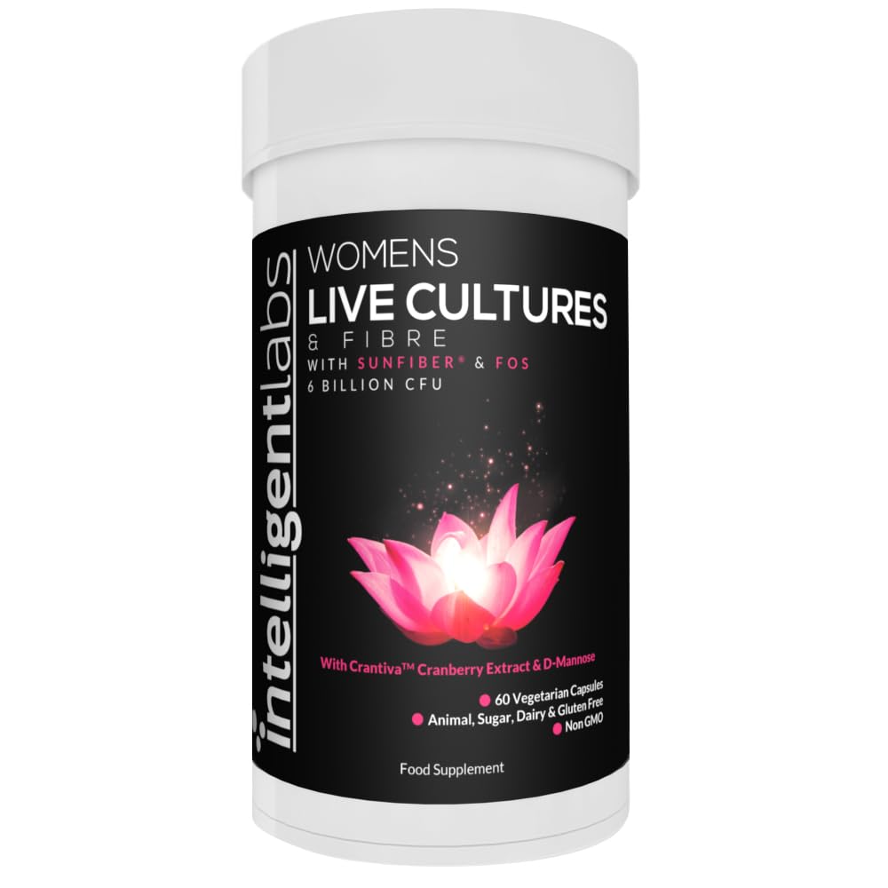 Women's Live Cultures and Fibre by Intelligent Labs, with Partially hydrolyzed guar Gum & FOS, Crantiva Cranberry Extract & D-Mannose, 6 Billion CFU Live Cultures, 60 Vegetarian Capsules