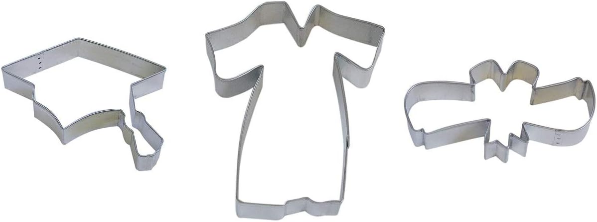 NCS Graduation Cookie Cutter Set - Gown 4", Cap 4.5", Diploma 4" - 3 Piece - Tinplated Steel