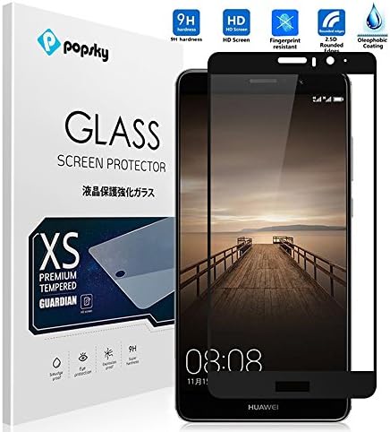 Popsky Huawei Mate 9 Screen Protector [Tempered Glass] [Full Coverage] [Colored Edge],[3D Full Curved Edge] [No Bubble] Ultra Clear 9H Hardness Scratch Proof Protective Film for Mate 9(5.9") (Black)