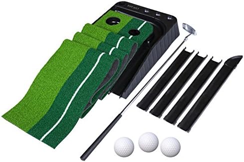 COVASA Putting Green Indoor Outdoor Golf Auto Return with 3 Ball and 1 Putter Putting Trainer Mat Dual-Track ProEdge - Extra Long 10.5 Feet Mat - 2 Holes